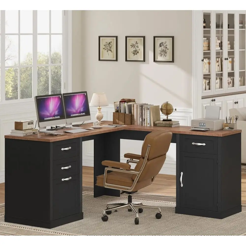 60 L-Shaped Computer Desk with Power Outlets, 3 Drawers & 2 File Cabinets, Black