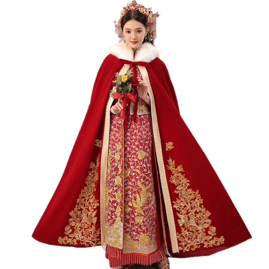 

Mingli Tengda Red Corduroy Light Luxury Hefu Cloak Bride Wedding Wrapped with Winter Cloak Warm Lace Beaded Hanfu Wool Shawl