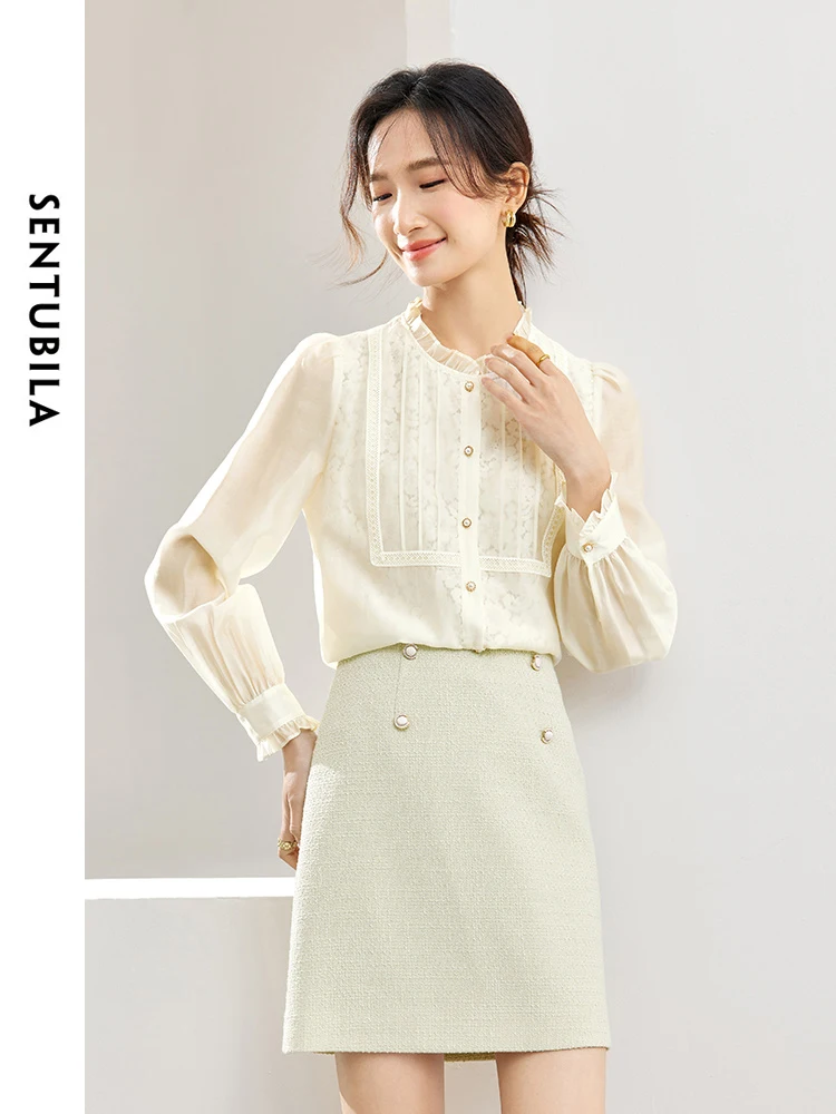 SENTUBILA Korean Fashion Women Lace Shirts 2024 Spring Autumn Elegant Ruffled Collar Long Sleeve Button Up Womens Tops 141S53426