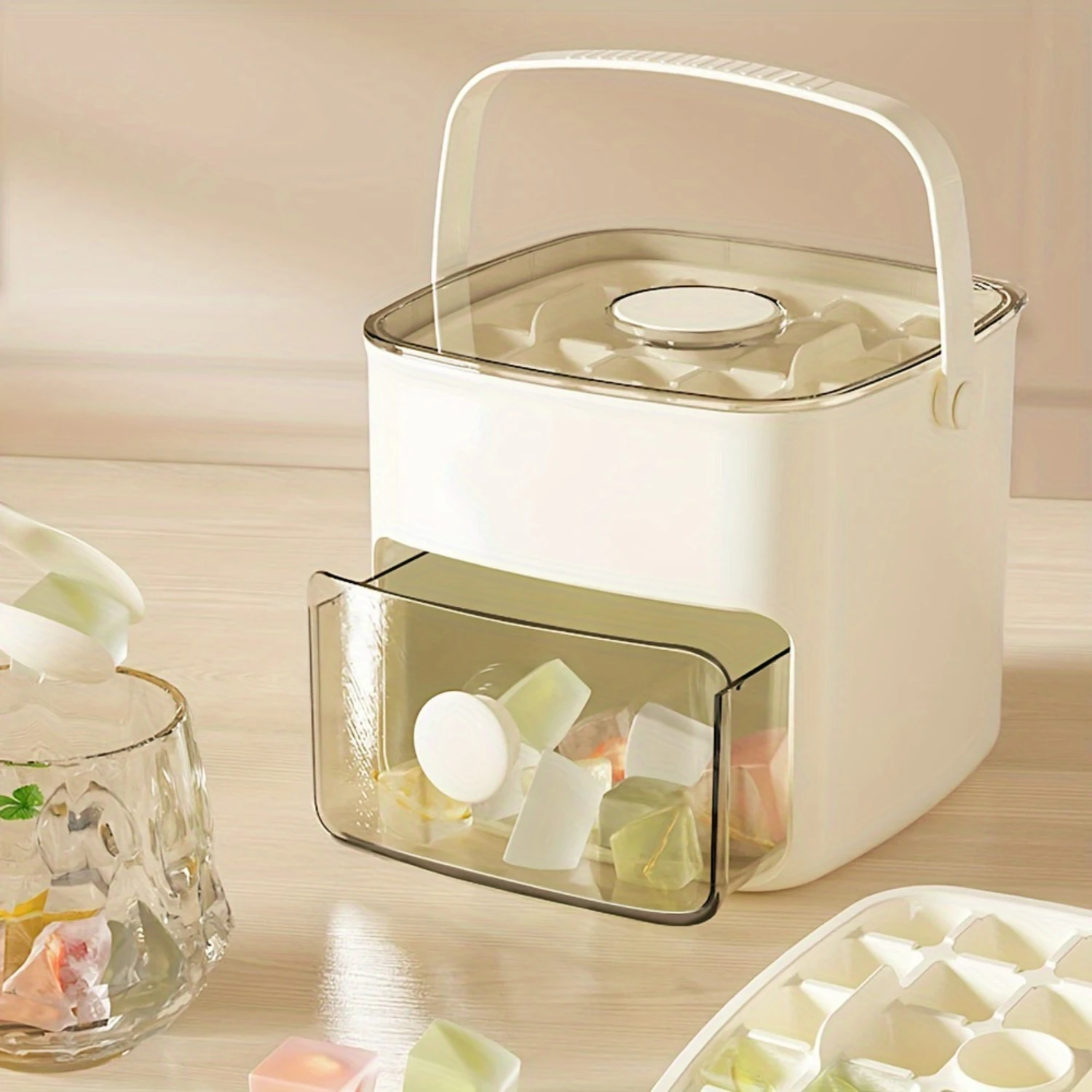 Dual-Layer Ice Cube Tray with Lid and  Bin, BPA-Free PP , Hand Strap, -Out Ice Mold, Covered Ice Cube Maker with Convenient Cont