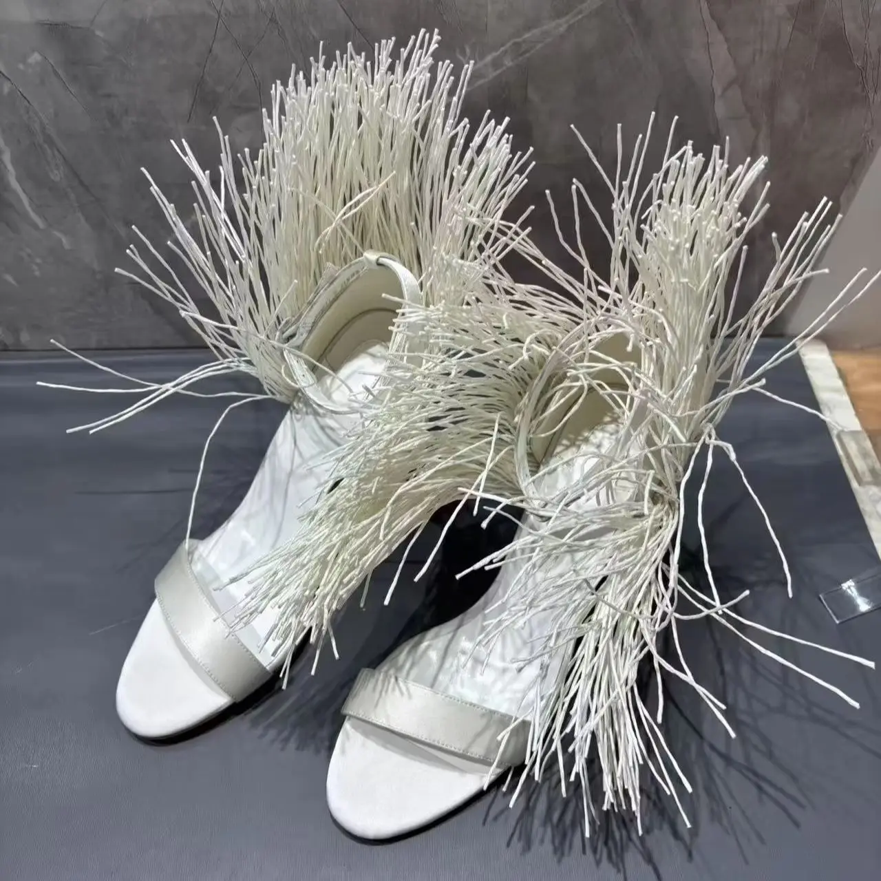 White Leather Women's Sandals Ankle Decorate Striking Raffia Grass Bouncy Ball Single Shoes Female Red Sole High Heels 36-42 New view 4