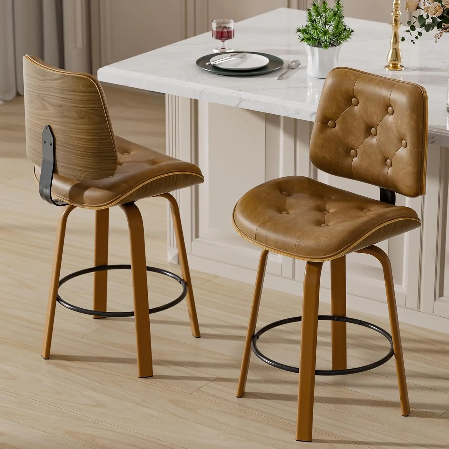 

Brown Bar Stools Set of 2, 26 Inch Counter Height Stools for Kitchen Island, Swivel Barstools with Bentwood Back and Met