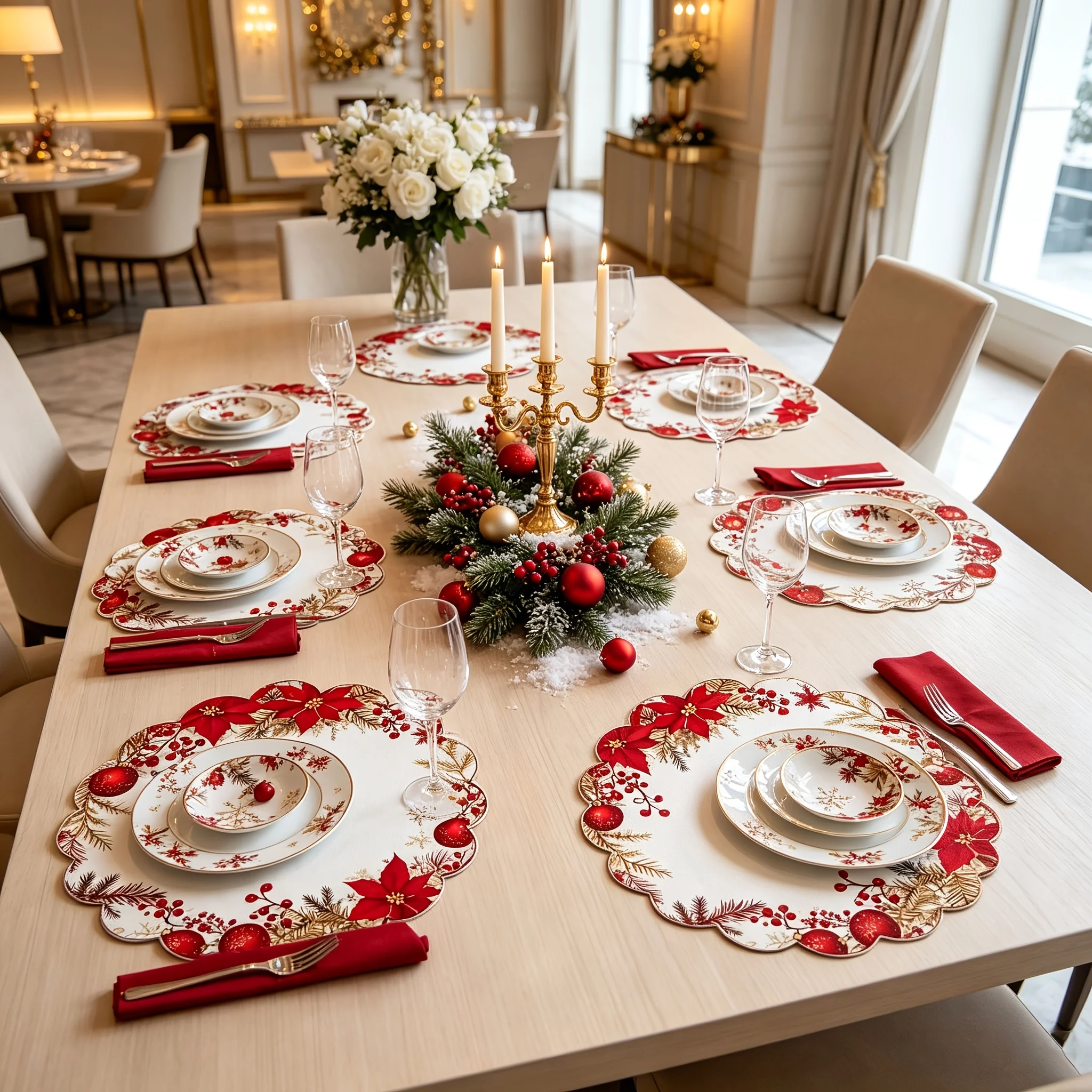 4/6pcs Christmas Poinsettia Berry Pine Branch Wave Placemat, 13.8 Inch 2D Print, Washable Non-Slip Heat Resistant Holiday Table