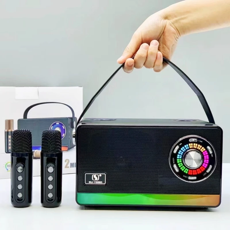 YS-313 Rgb Karaoke 2024 Magic Sing Voice Changer Dual Wireless Microphone And Portable Woofer Speaker Wireless Bluetooth KTV Set