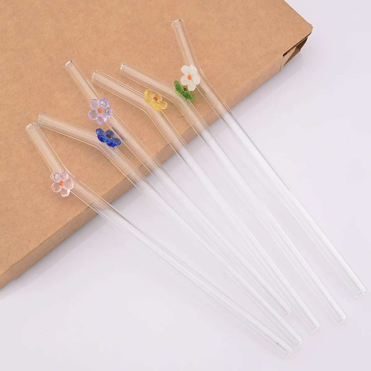 6pcs High Borosilicate Glass Drinking Straws Flower Bent Straw Set Set with Brush Milk Shake Coffee Cocktail Straw Bar Drinkware