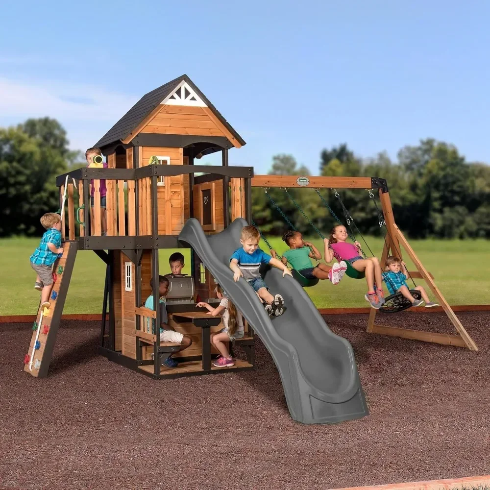 

Backyard Discovery Canyon Creek All Cedar Wood Swing Set W/Grey Wave Slide, Playhouse W/Grill,Plastic Food,Picnic Area