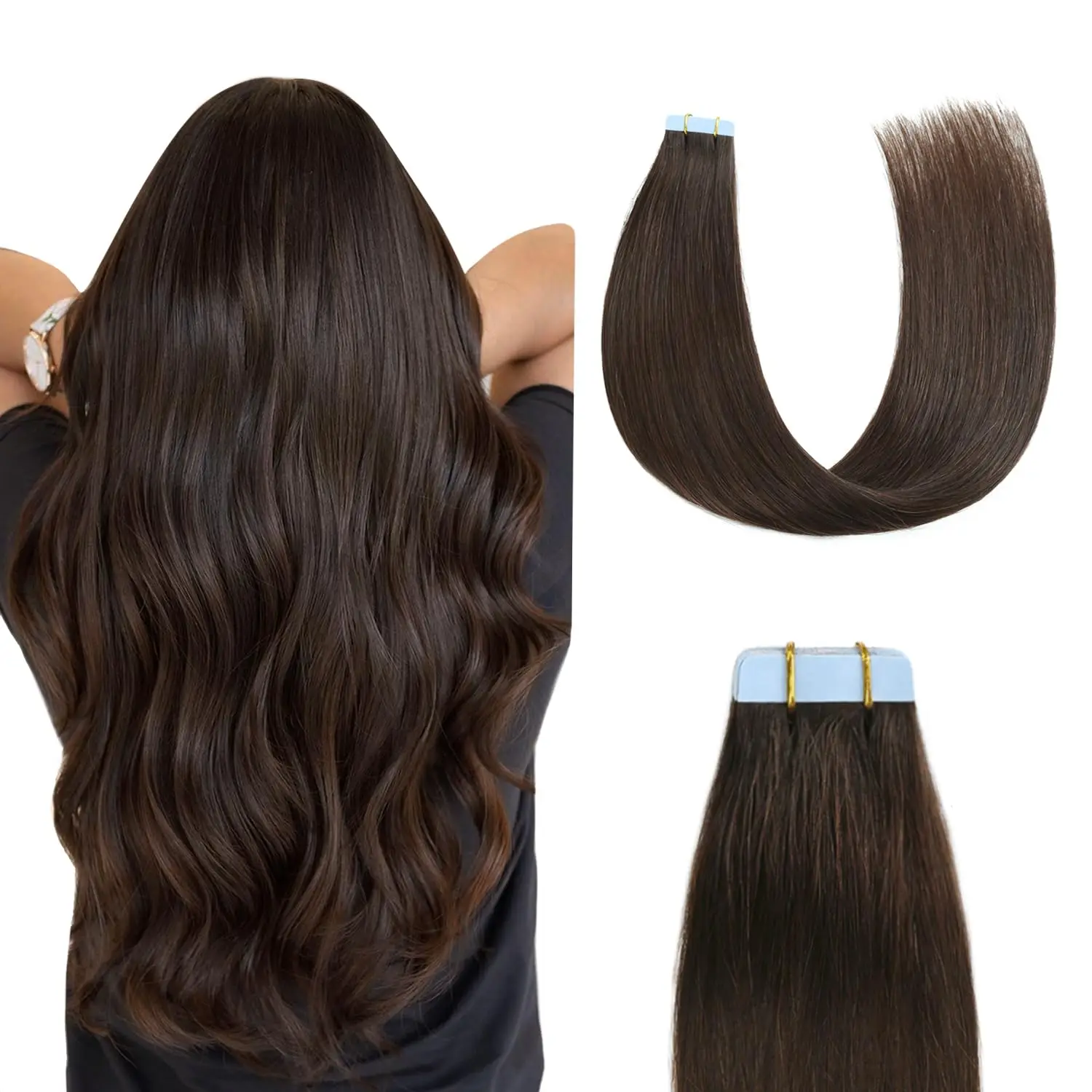 Tape in Hair Extensions Human Hair Dark Brown 20pcs 20 Inch Hair Extensions Real Human Hair Invisible Straight Remy for Women