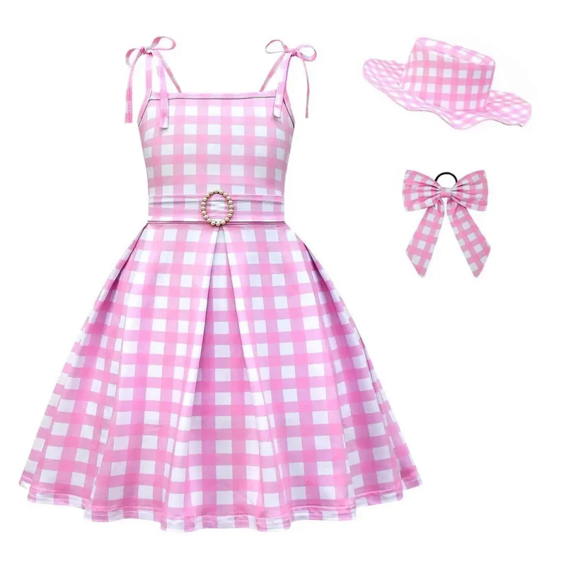 2024 Movie Barbi Pink Dress for Girls Costume Cosplay Kids Halloween Carnival Party Clothes 2-12T