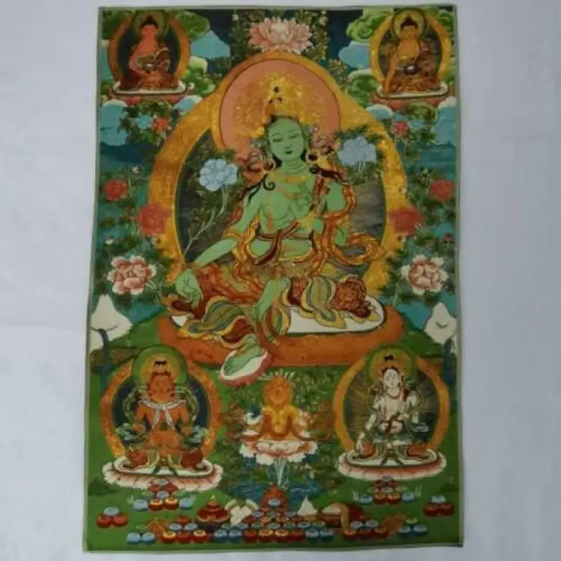 Tissu tibétain du Tibet, Tara verte en soie, esprit de la déesse du compassion, Tangka Thangka