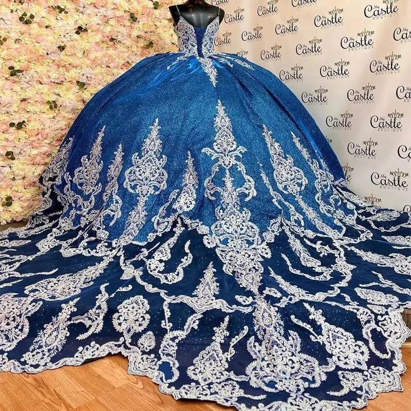 Sexy Spaghetti Strap Quinceanera Vestidos, vestido azul marinho frisado, Catedral Trem Princesa Espartilho, Apliques de Renda, 15 anos