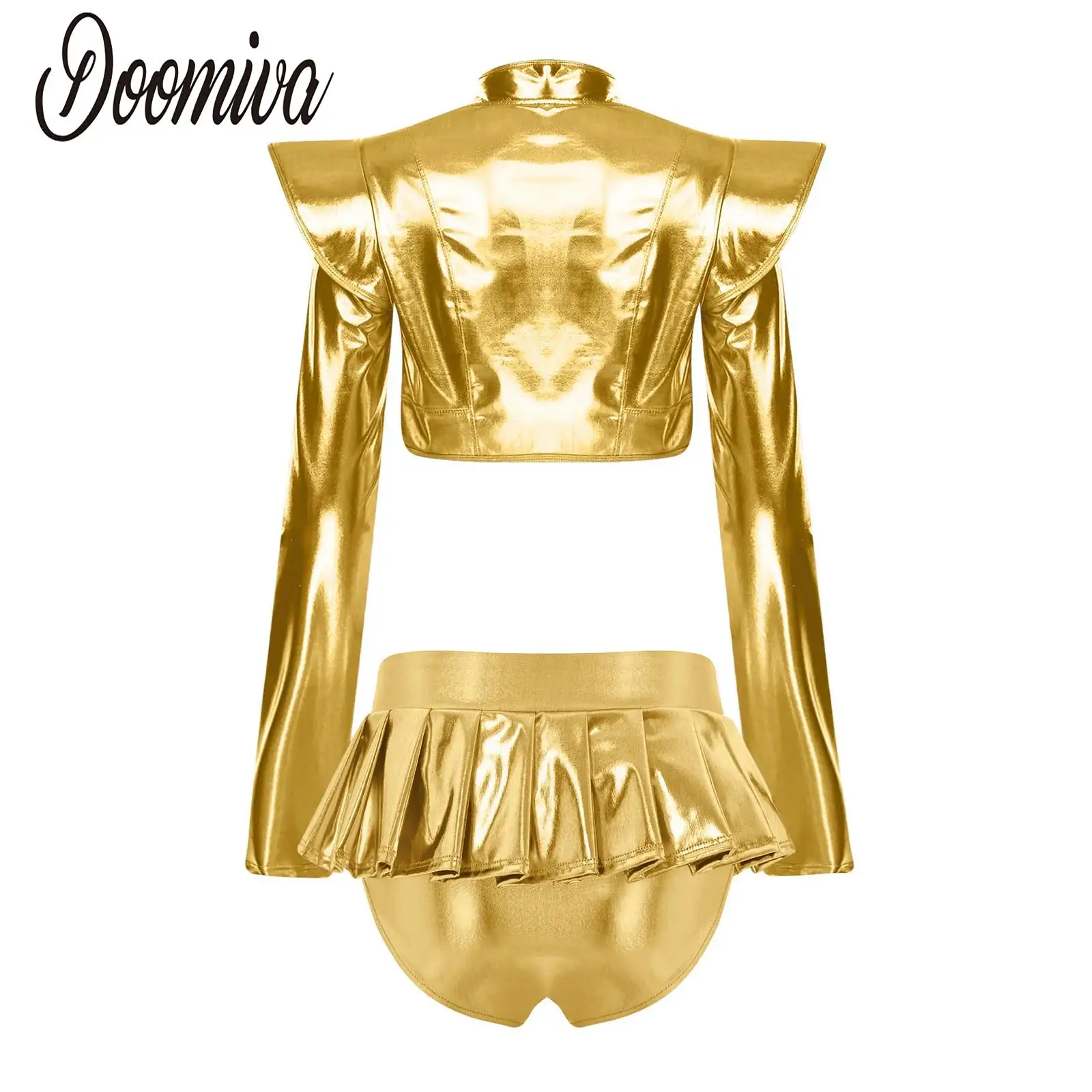 Women Iridescent Metallic Pole Dance Outfit Long Sleeve Cropped Jacket and Pleated Mini Skirts Culottes Set for Raves Party Club