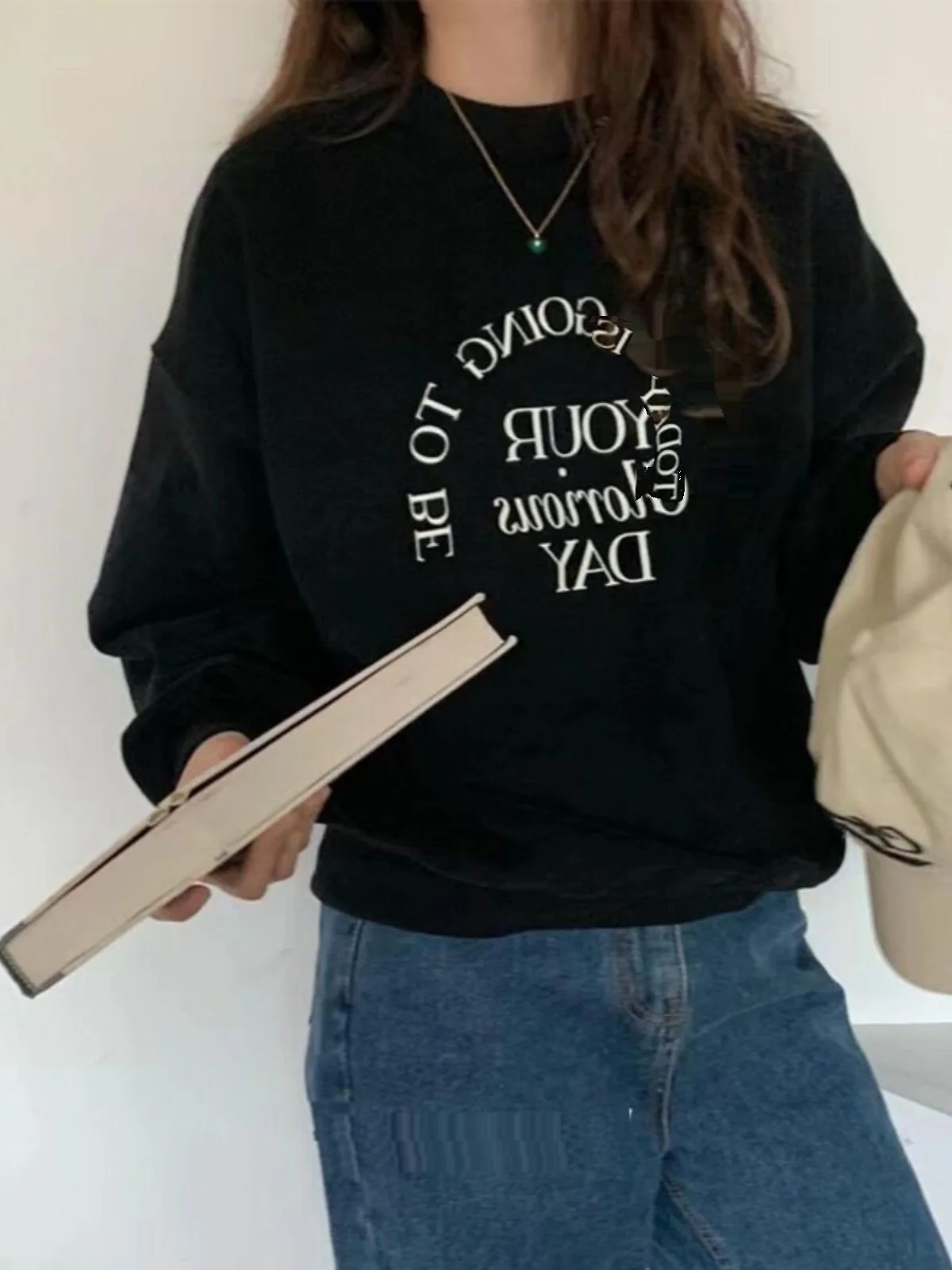 Loose Fit Letter Print Long Sleeve Sweatshirt Women's Base Layer Top Autumn Winter New Style Korean Version Casual Style Slim...