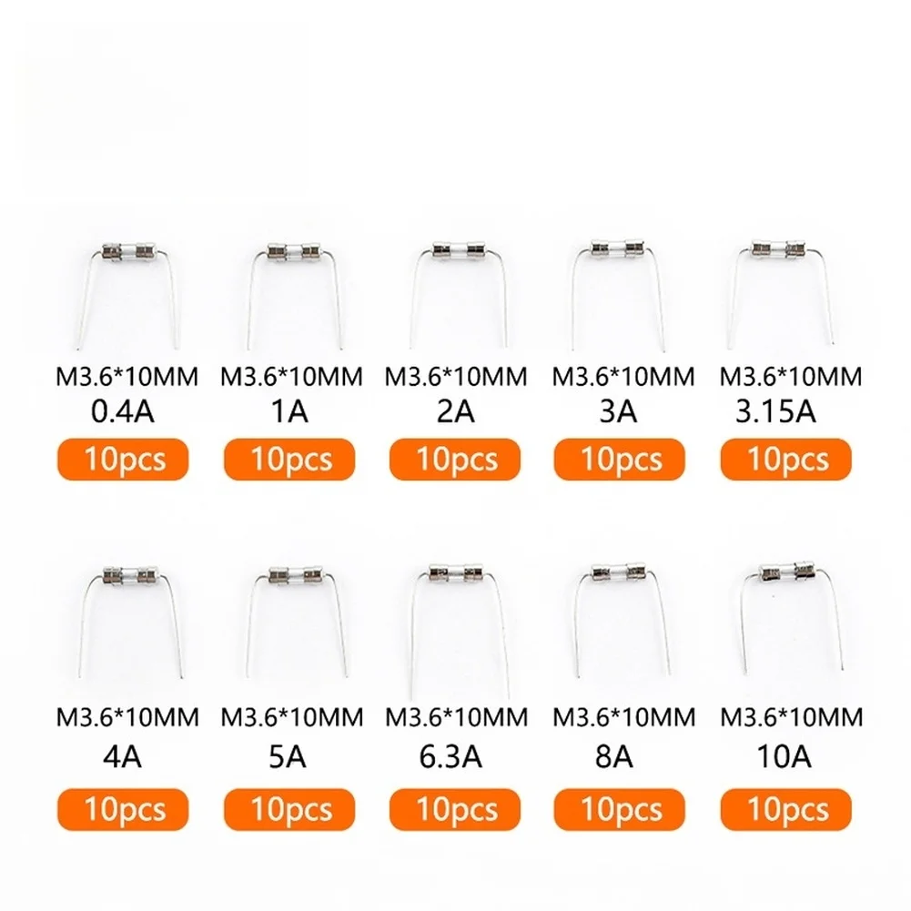 100PCS 3.6x10mm Glass Fuse Kit With Pins 0.5A-10A Slow Blow 250V Assorted Values For Electronic Circuit P/rotection Components