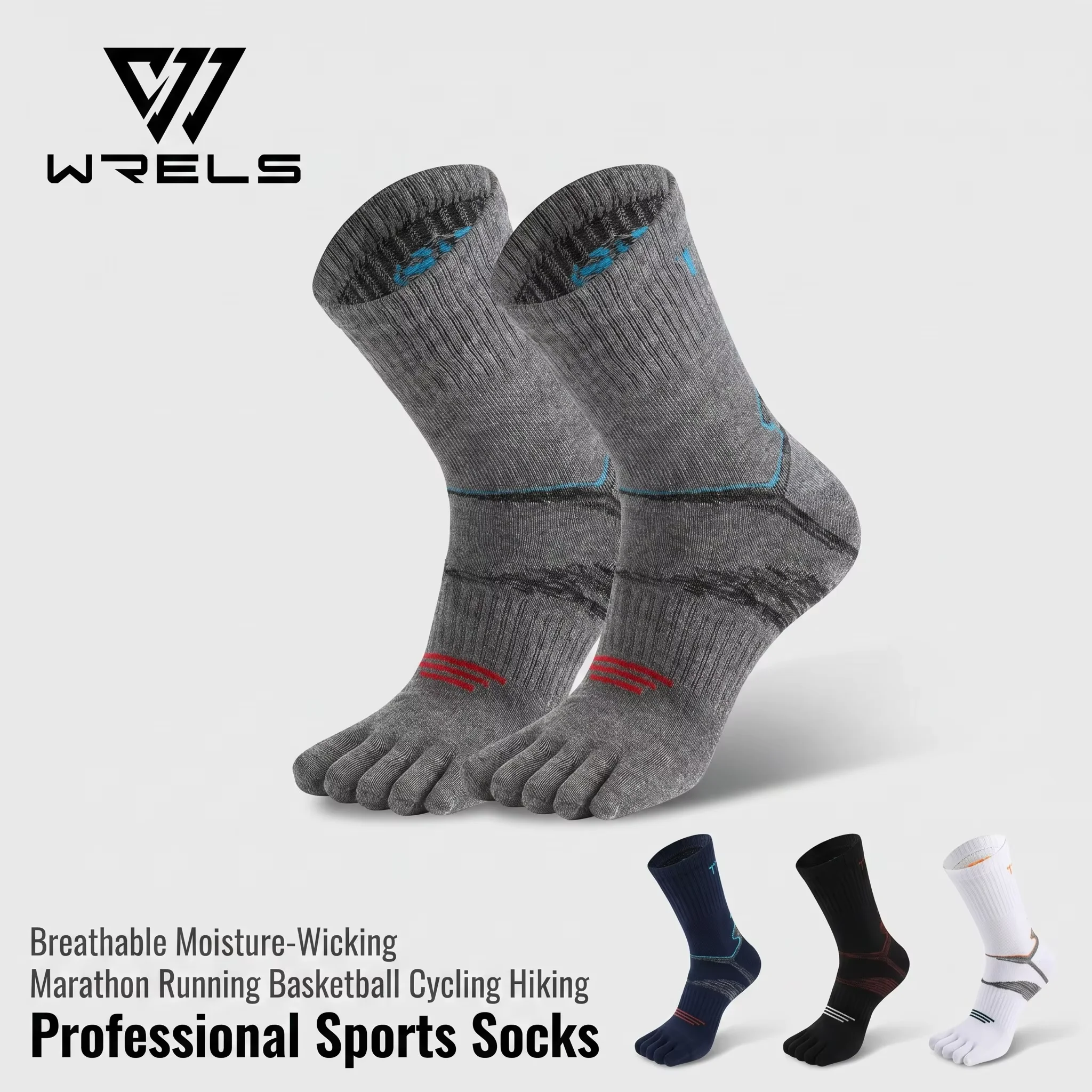 WRELS 1/2/3 Paar Zehensocken aus Baumwolle, Fünf-Finger-Socken mit Fußgewölbestütze, Crew-Socken für Herren, Anti-Blasen-Socken zum Wandern, Laufen und Sport