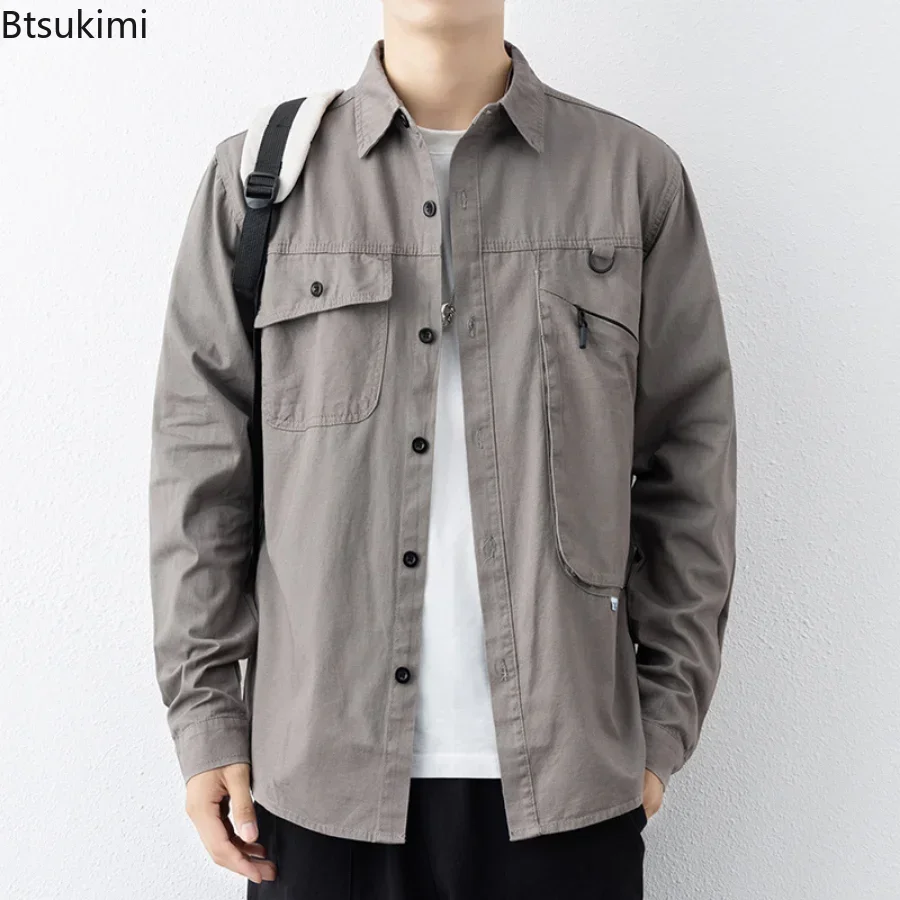 New 2025 Spring Autumn Men's Multi Pocket Cargo Shirts Long Sleeve Casual Versatile Blouse 100% Cotton Tops Male Shirts Camisas