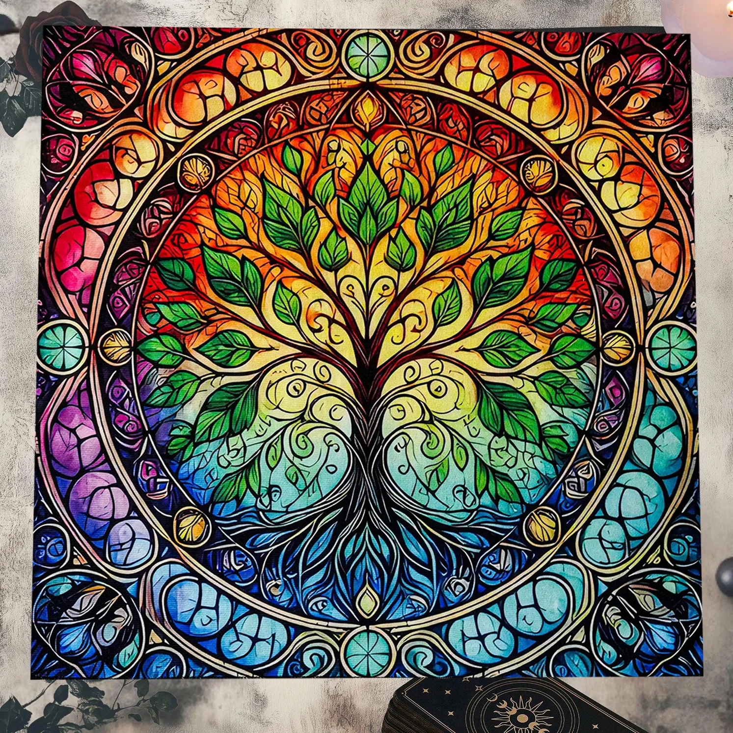 50/75/110/137cm Stained Glass Tree of Life Altar Tablecloth Chakra Rainbow Witchcraft Tarot Mat Pagan Spiritual Decor Tarot Mat