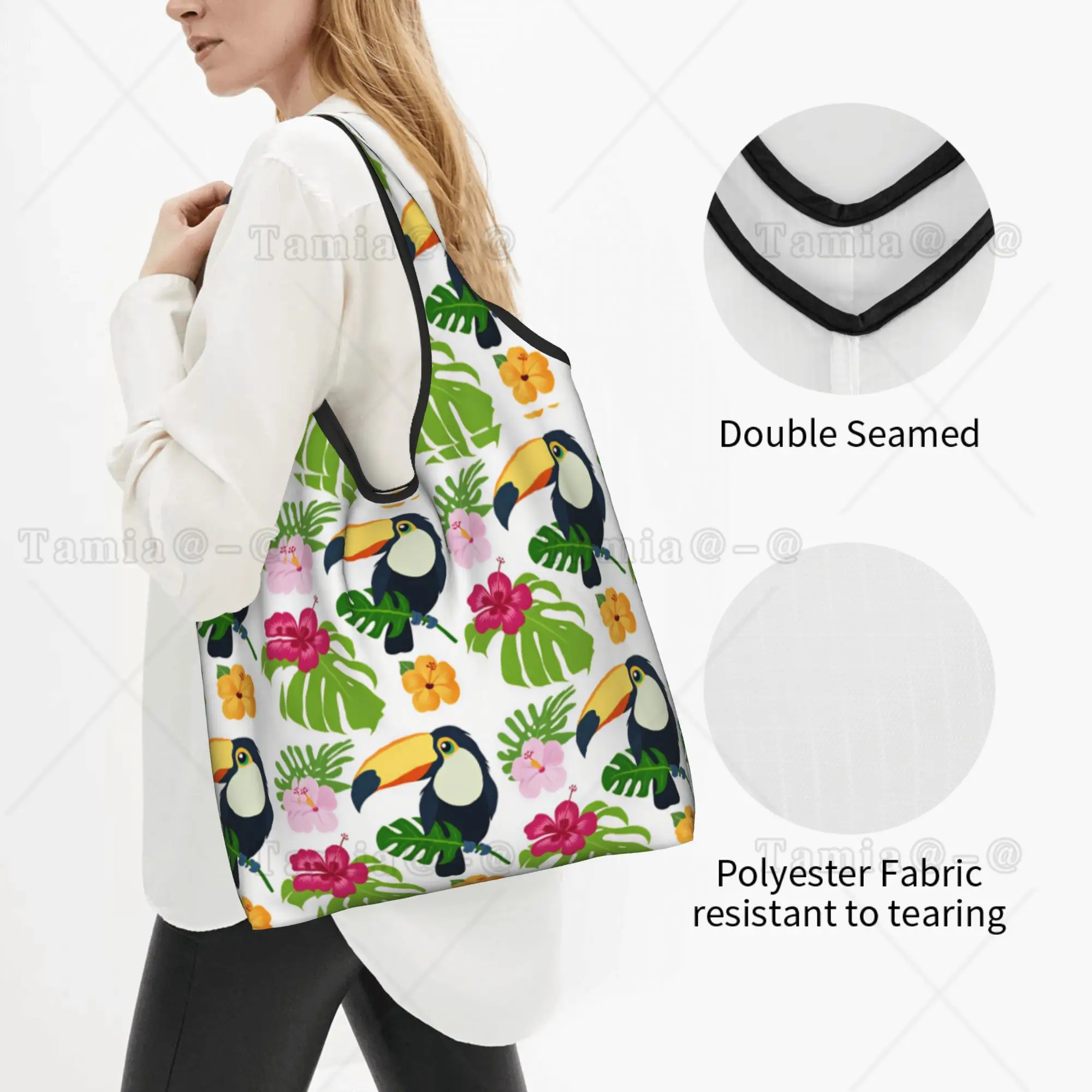 Tucan Bird Hawaiian Style Palm Monstera Shopping Bag Custom Shopper Shoulder Tote Bags Tropical Plants And Flowers Handbag