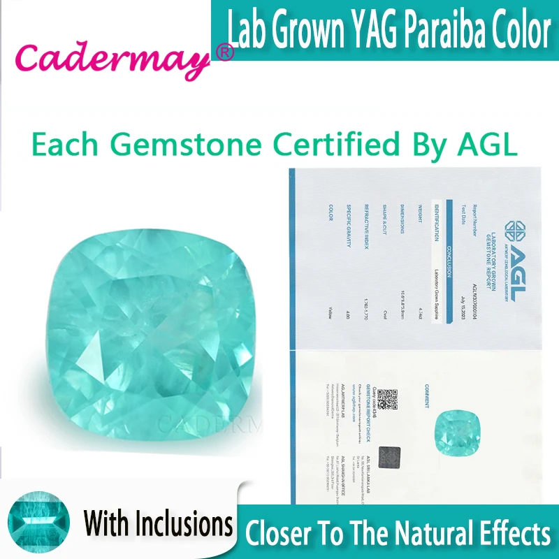 Cushion Cut Neon Bluish Green Paraiba Color Lab Grown Yttrium Aluminum Garnet With Inclusions Gemstone Fine Jewelry Making