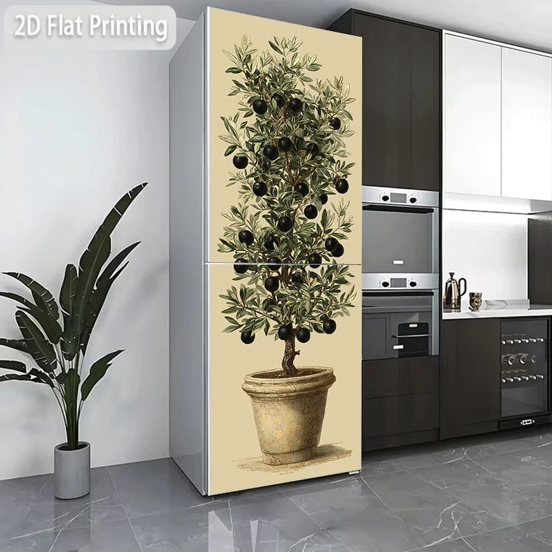 Pegatina para Refrigerador con Diseño Temático de Olea Europaea en Maceta, Adhesivo Decorativo para Pared, Pegatina para Refrigerador