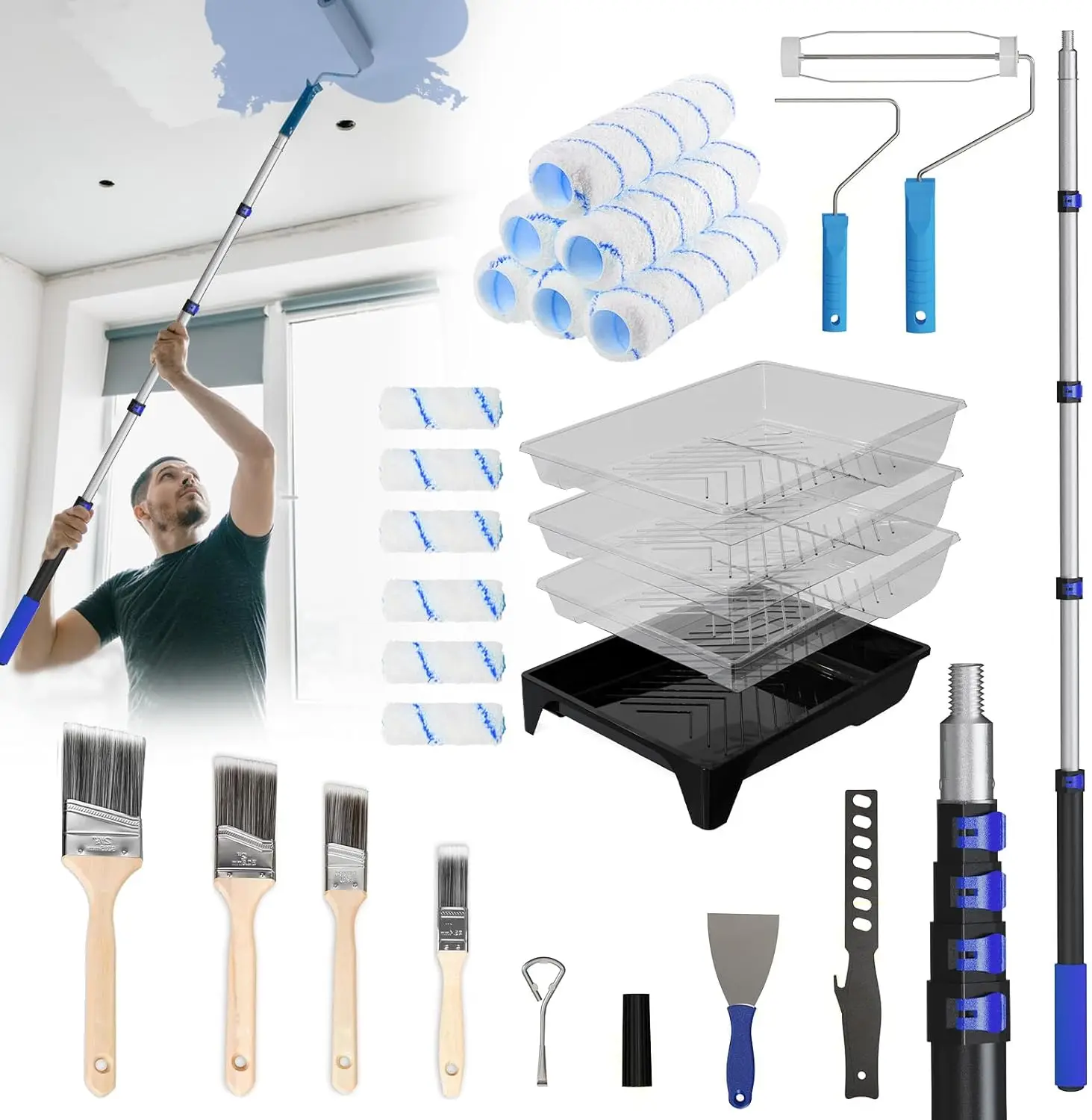 27-Piece Paint Roller Kit with Telescoping Pole, Brushes, Trays for Home Interior Painting