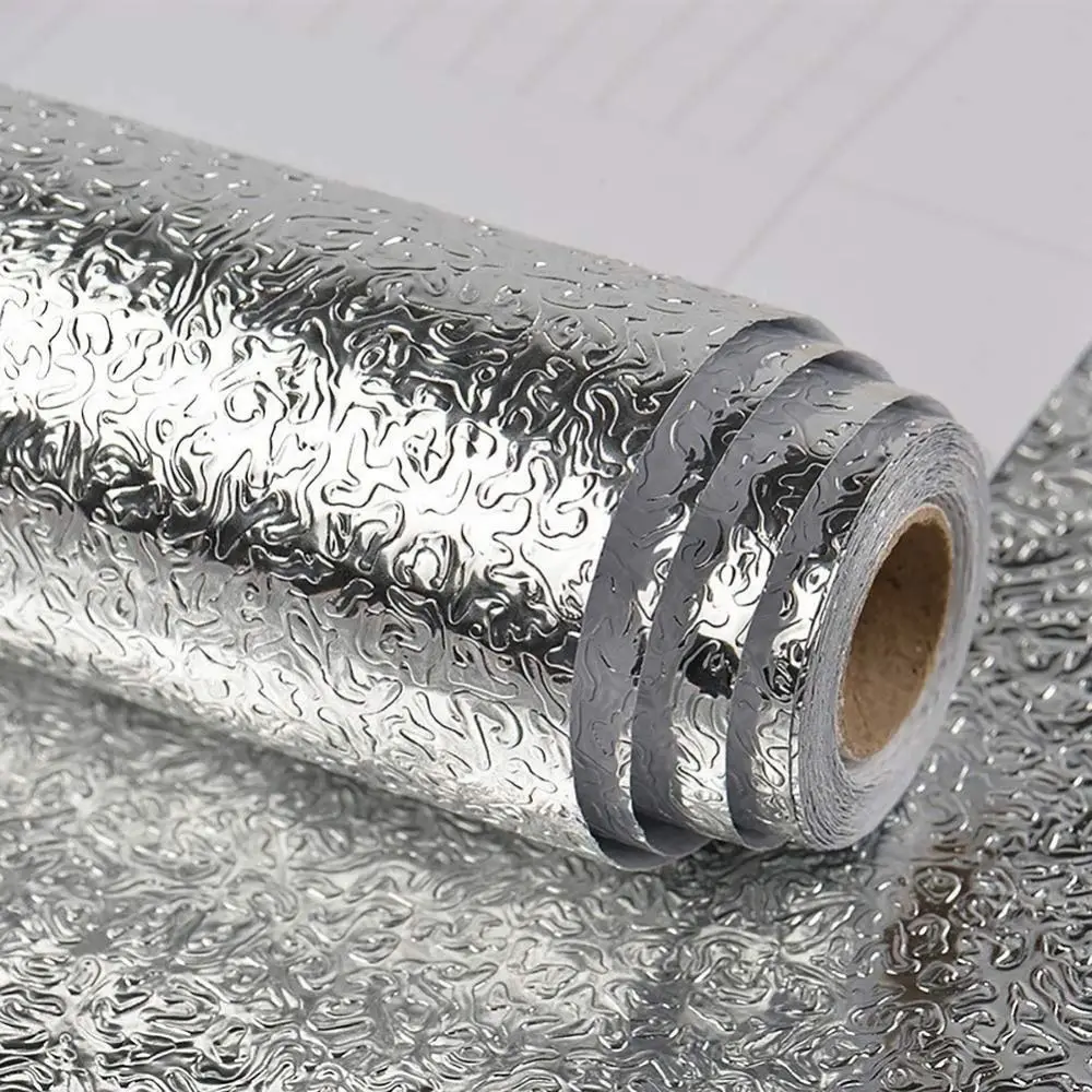 1 Roll Waterproof Aluminum Foil Wallpaper Cabinet Contact Papers Kitchen Oil-proof Self Adhesive Stickers Anti Fouling