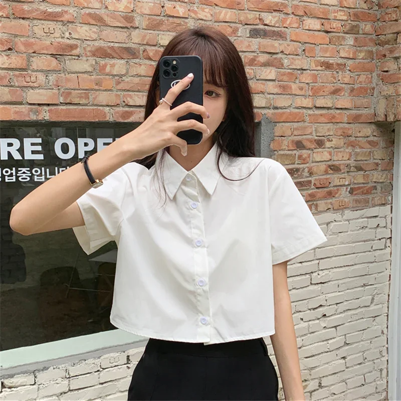 Korean Fashion Shirts Women Solid Turn-down Collar Cropped Summer All-match Ins Streetwear Preppy Style Students Chic Popular