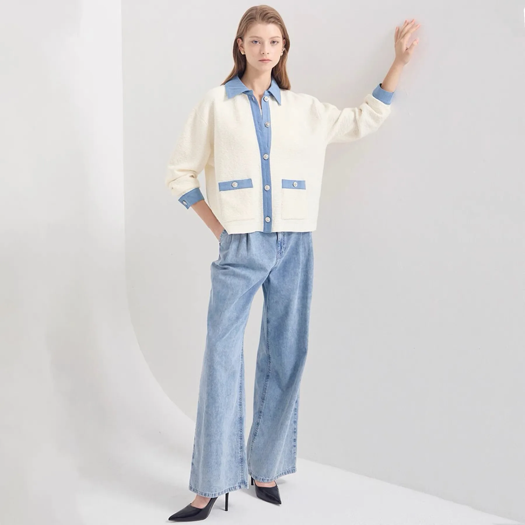 الليمون الجبن LAN25 الخريف ملابس العمل Sle لصق اللون طوق القطن Jaet المرأة طويلة Sve طوق منتظم صالح ملابس خارجية