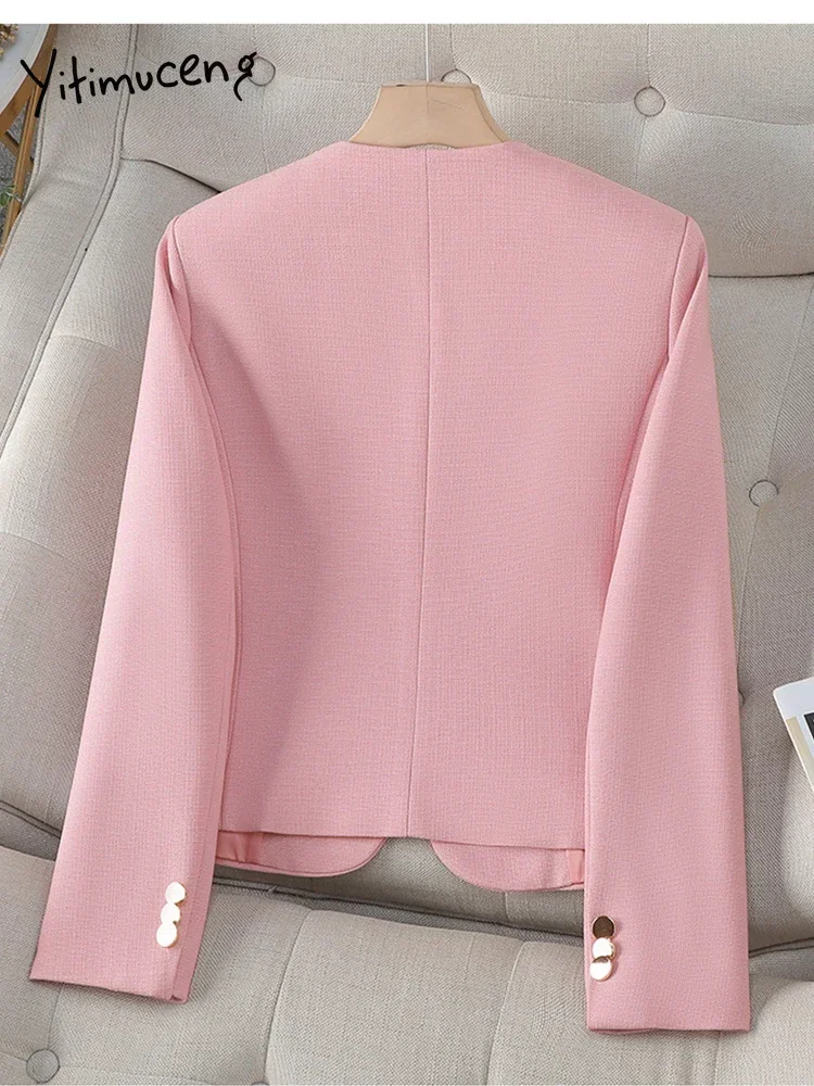 Yitimuceng rosa moda blazers feminino botão manga longa jaquetas casuais único breasted bolsos sólido fino escritório blazers casacos