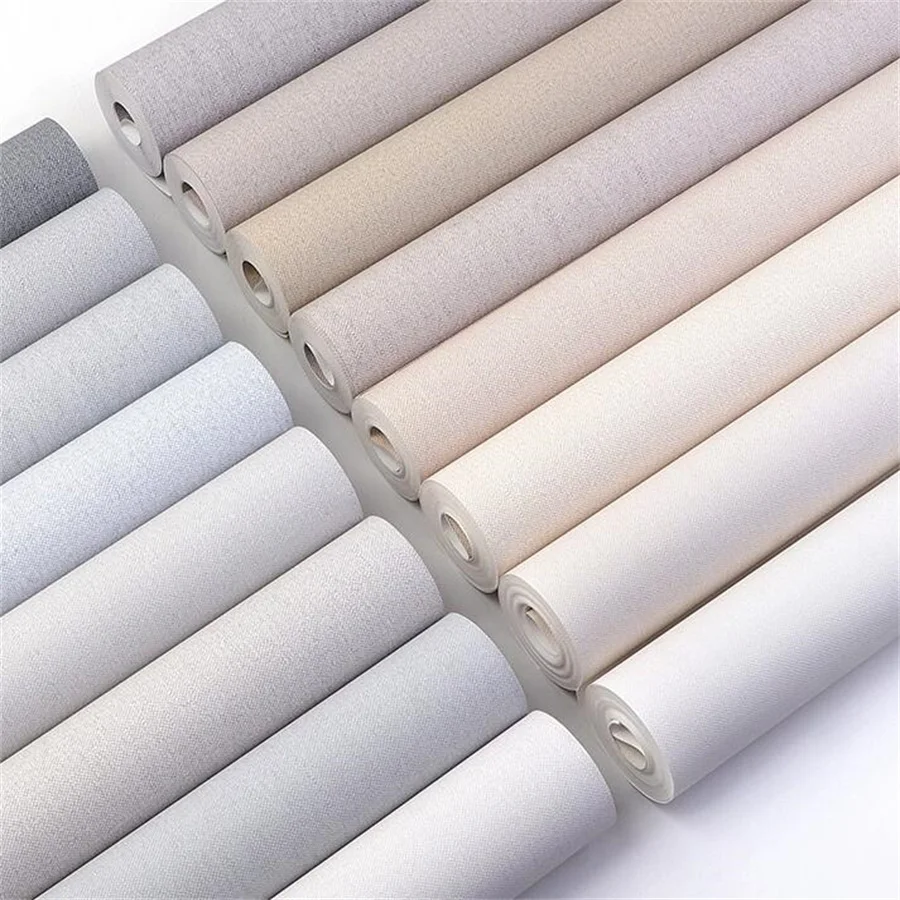 Kertas dinding linen non-tenun polos warna polos Jepang kelas atas 2025 baru ruang tamu dan kamar tidur wallpaper tanpa perekat krem