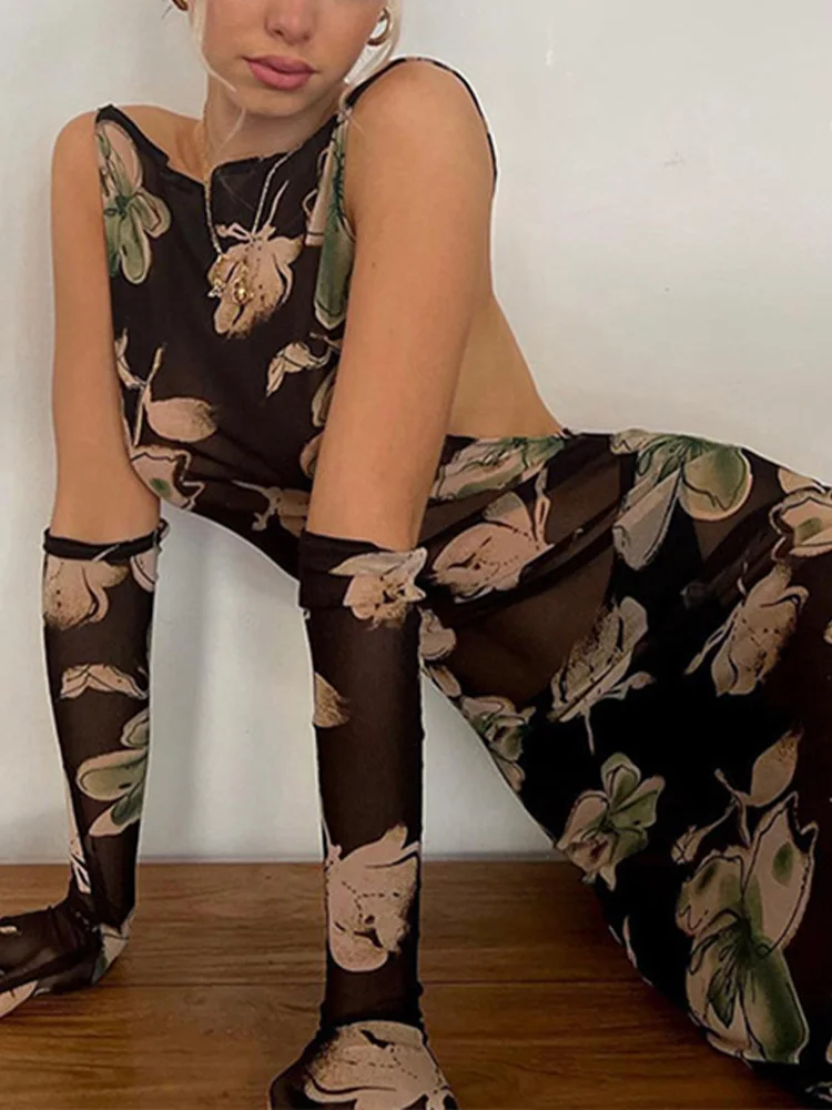 OMSJ Vintage Mesh Maxi Dress Female Streetwear Floral Printing Open Back Off-shoulder Bodycon See Through Sexy Dress With Gloves