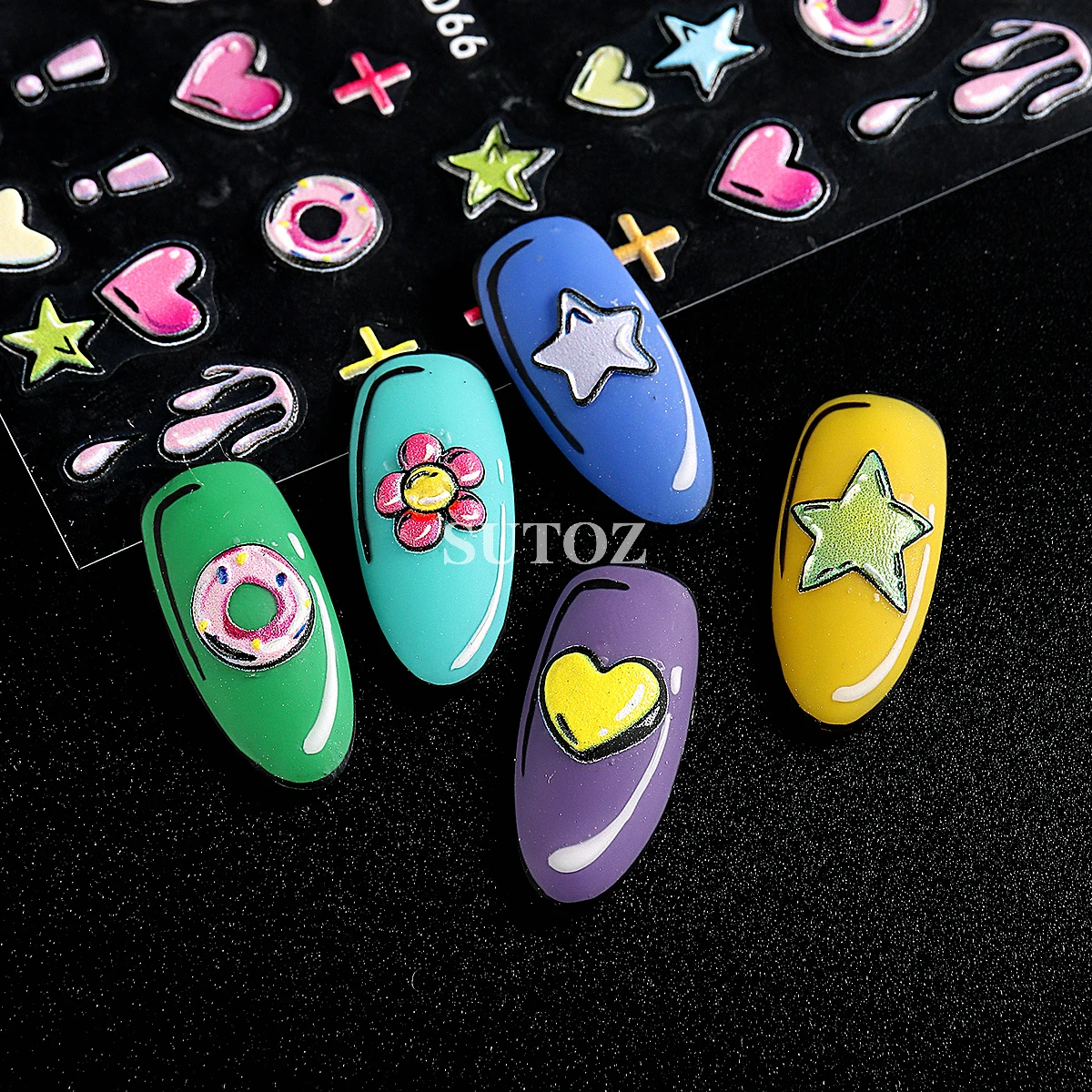 Pegatinas de dibujos animados en relieve 5D para decoración de uñas, calcomanías para manicura, estilo dopamina, flores, corazón, estrellas, letras, donuts, LEBJI-5D66