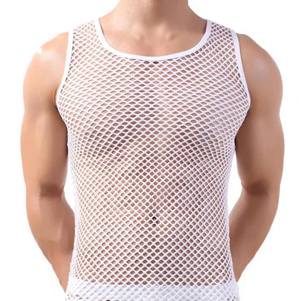 Visnet Mannen Sexy Mesh Tank Tops Transparante Slaap Tops Mannelijke Ondergoed Pure Kleur Vest Mouwloze Tops Ondergoed Mannelijke Hemd