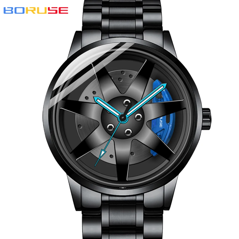 BORUSE Fashion Men\'s Car Wheel Watches for Men Sports Waterproof Quartz Wristwatch Stainless Steel Wheel Hub Watch