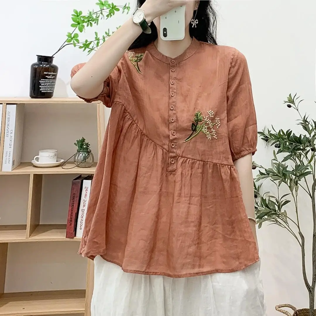 夏の新作：ボヘミアンレトロピュアコットン刺繍ドールシャツ、ランタンスリーブとラウンドネックプルオーバーシャ​​ツ付き