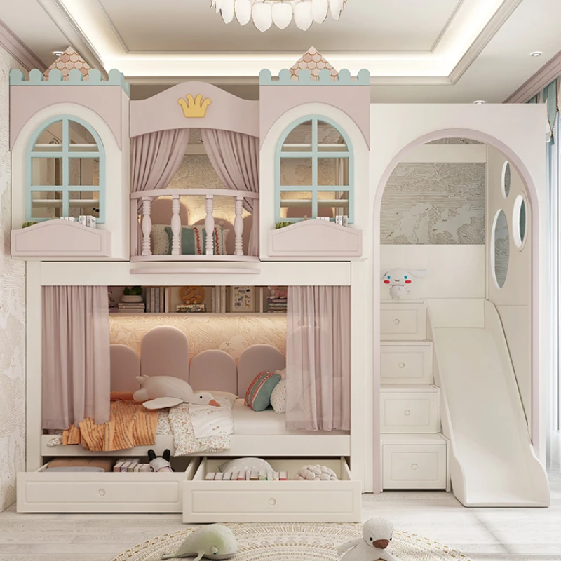 

Full solid wood cartoon girl double-layer climbing bed dream castle princess bed up and down with the same width tree house high