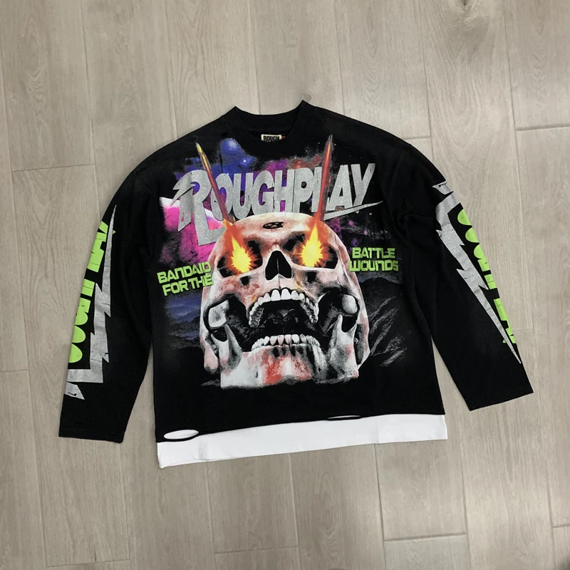American Style High Street Trend Men's Women's Loose Rough Play Long Sleeved Round Neck Skull Printed T-shirt