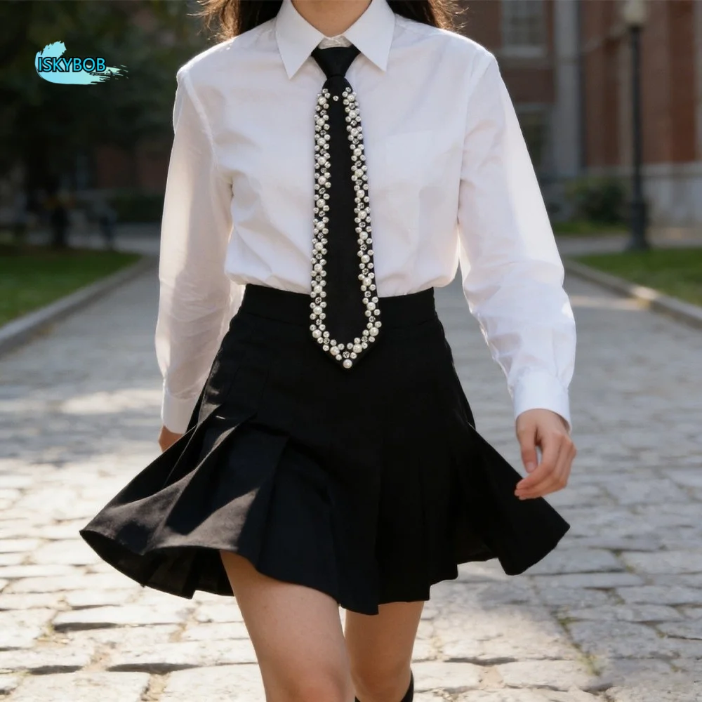 

Rhinestone Pearls Tie Korean Style Academic Style Hand-beaded Long Necktie Geometric Collares Decoration Shirt Tie