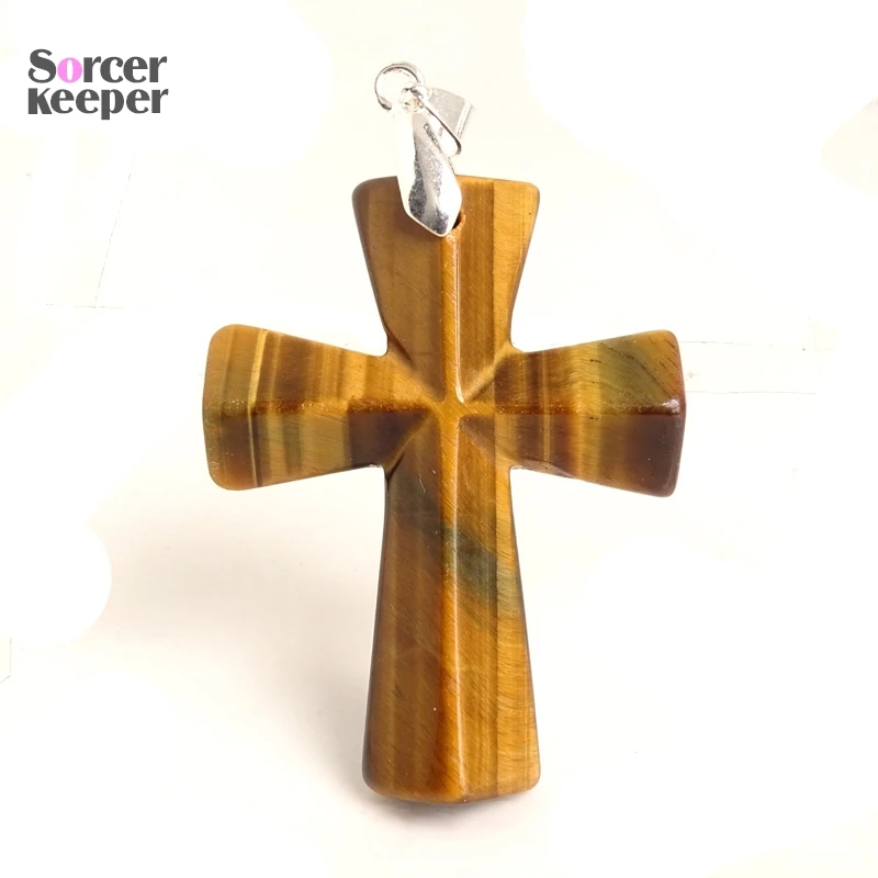 Cross Jewelry Natural Tiger Eye Necklace Pendants Gem Stone Slide Pendant Healing Reiki Men\'s Woman\'s Gift BO556