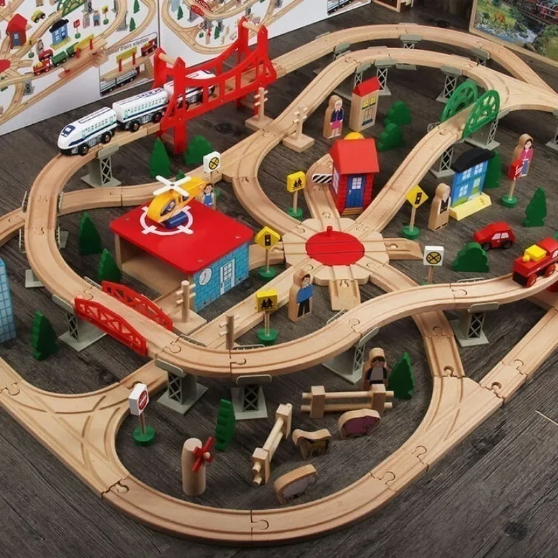 Wooden trolley track set Magnetic electric car head building block assembly gift 130 pieces Airport car track free car front
