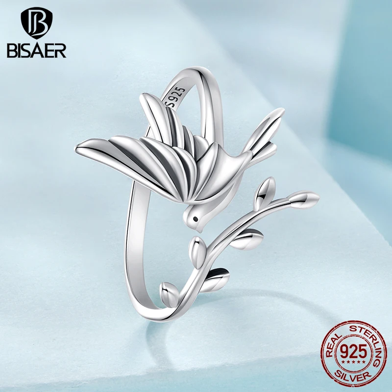 BISAER 925 Sterling Silver Kingfisher & Leaves Open Ring Adjustable Size 5-9 Band  for Women Party Fine Jewelry ECR1085-E