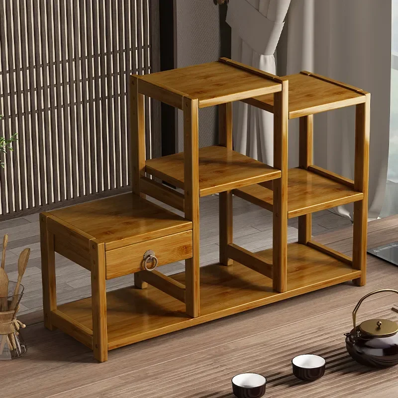 Chinese Desktop Storage Rack Solid Wood Tea Canister Holder Small Purple Clay Pot Tea Cup Set Display Stand Table Organizer