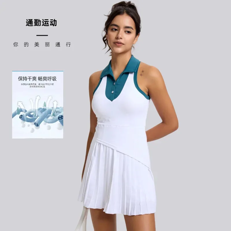 Women's Tennis Dress with Shorts Sleeveless Polo Badminton Dress Quick Dry Pickleball Dress Built-in Chest Pad