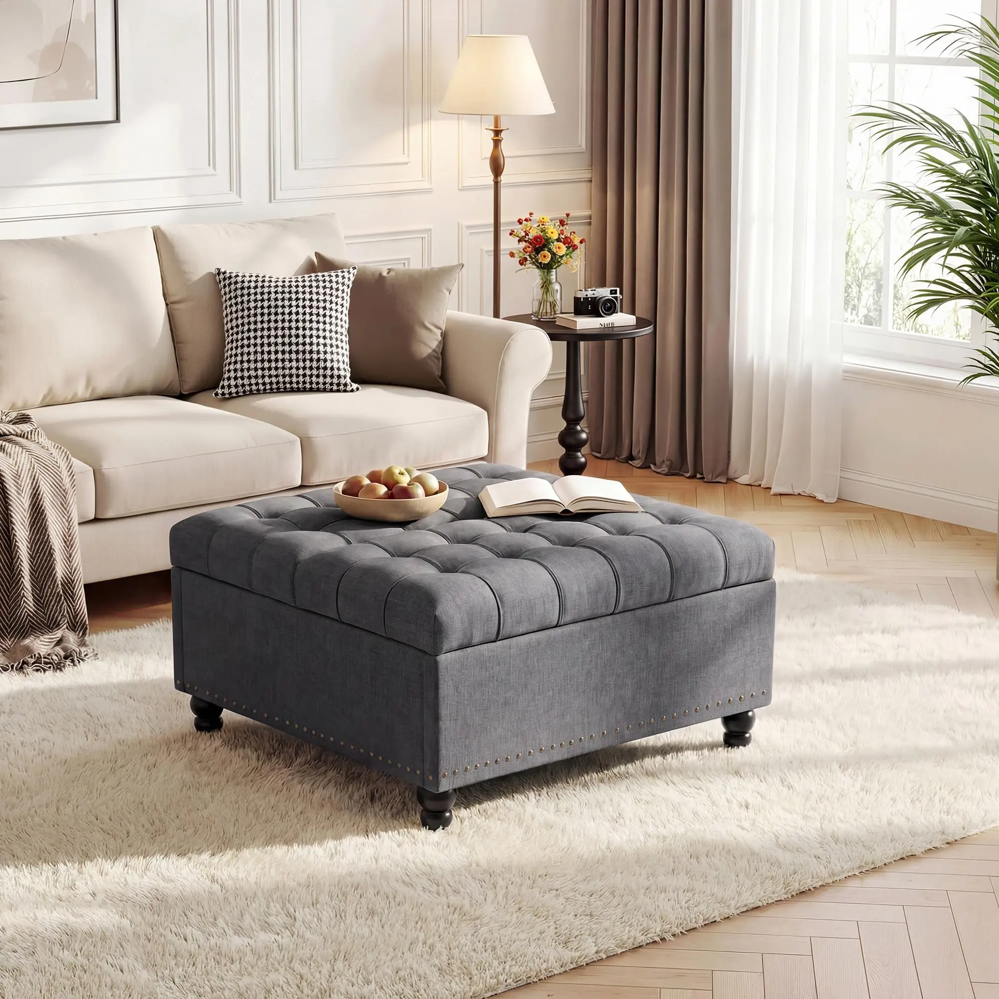 36 Inch Square Lift Top Storage Ottoman, Upholstered Ottoman Bench with 169L Large Hidden Storage Space, Tufted Padded Seat with Wood Legs, Multi-Functional Footrest Coffee Table or Extra Seating, 300 image 7