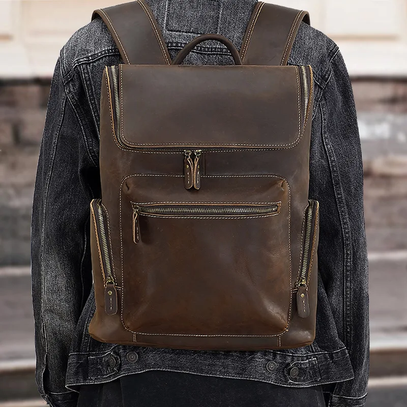 YL-18S--007 Mochila informal Retro de piel de vaca de gran capacidad para hombre, bolso de ordenador de cuero juvenil multifuncional de gran capacidad