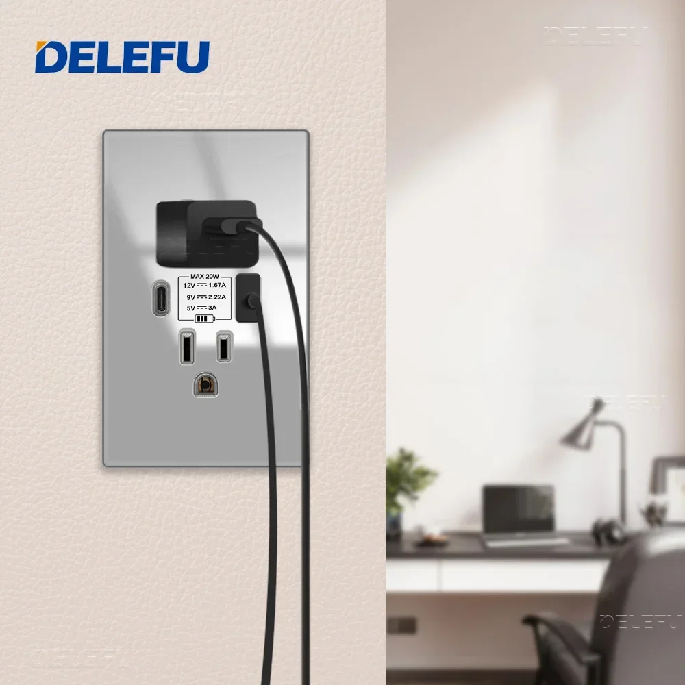 DELEFU Tempered Glass Connected Panel American Thai Standard Socket 124*76mm USB Type C Wall Socket Grey