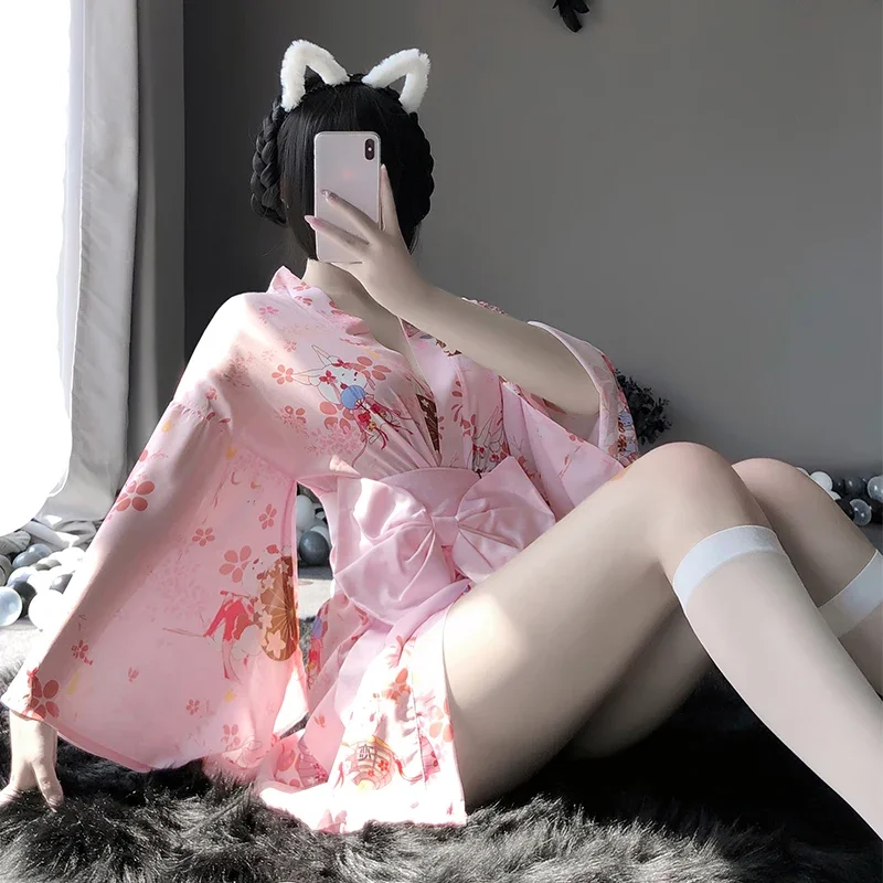 

Japanese Anime Cosplay Kimono Uniform Sexy Woman Cherry Blossom Festival Pajama Bathrobe Kawaii Rabbit Lingerie Hot Girl Costume