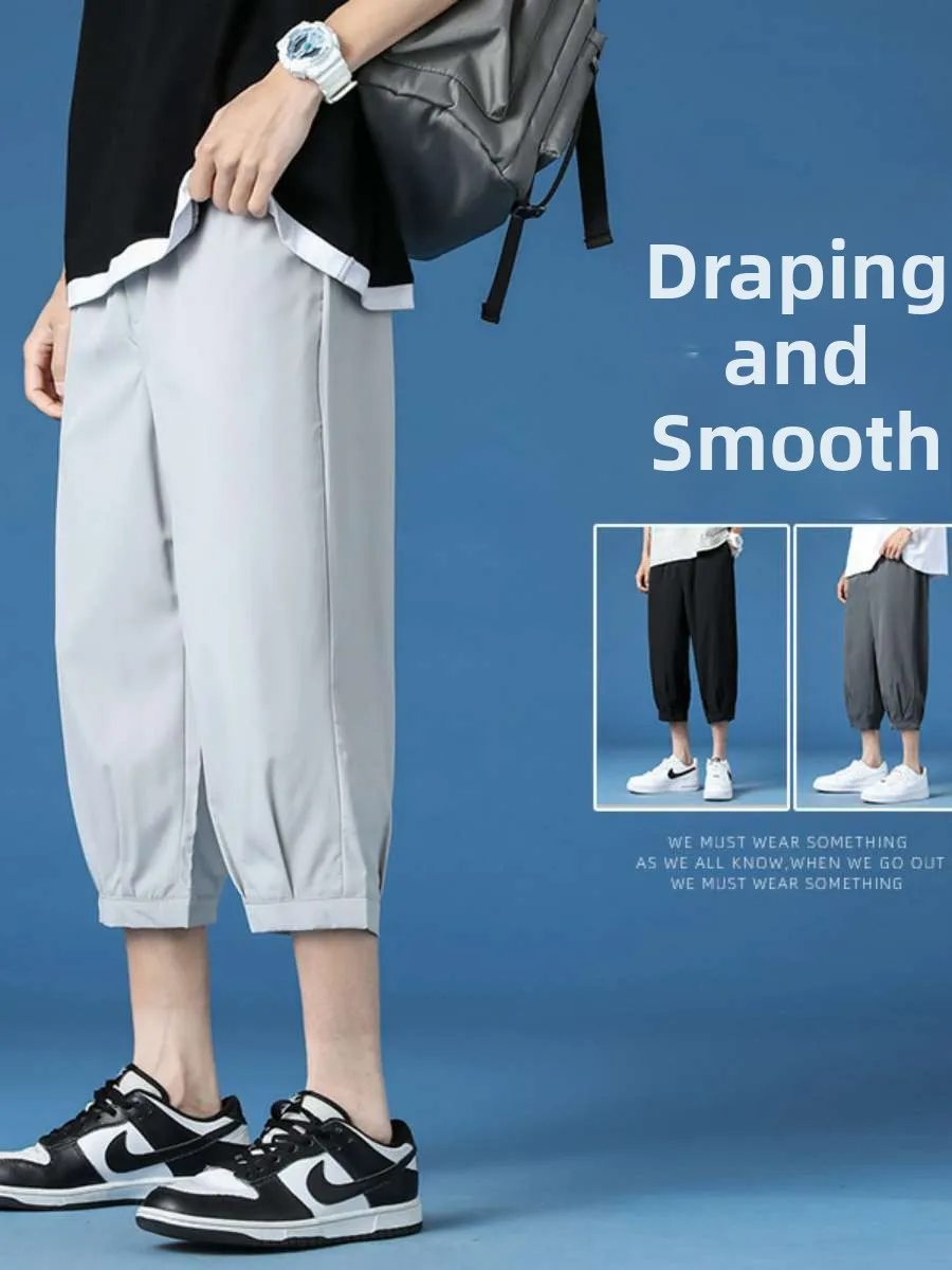 

Men's Summer Thin Ice Silk Casual Loose Fit Seven-Foot Pants High Street Trend Spor Comfortable Straight Leg mid Waist