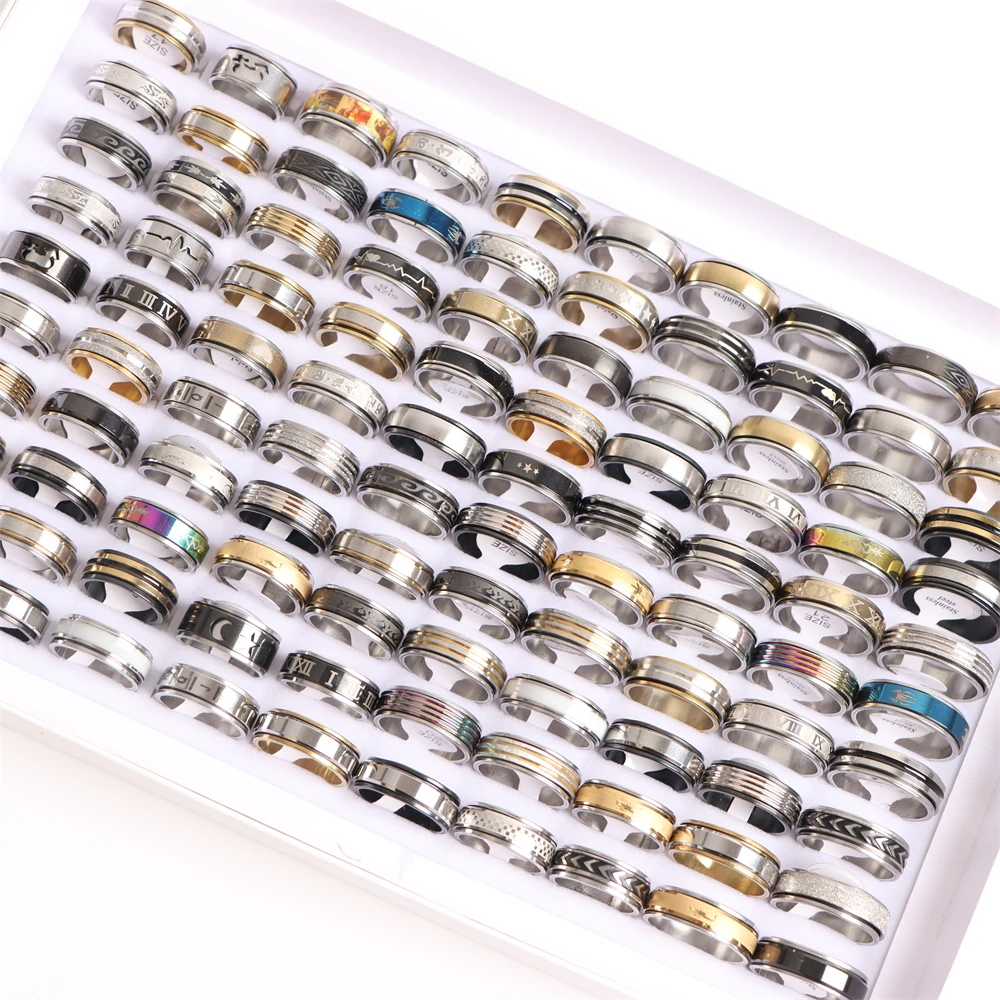 50Pcs/Lot Fashion Stainless Steel Anxiety Spinner Rotatable Rings For Men Women Mix Style Jewelry Accessories Wholesale