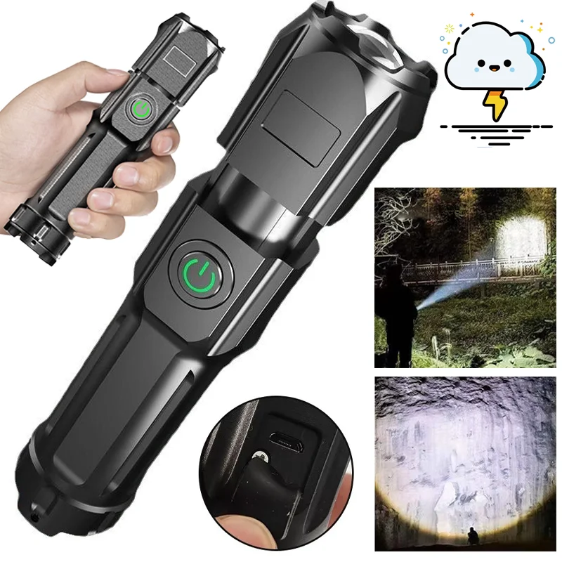 Powerful LED Flashlight USB Rechargeable Torch Portable Zoomable Camping Light 3 Lighting Modes Use High Strength ABS Material