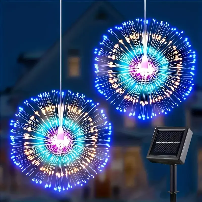 4pcs Hanging Solar Fireworks Lights 240LED Flashing Starburst Ball Light 8 Modes for Walkways & Backyard Parties Christmas Decor